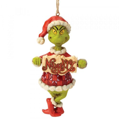 The Grinch By Jim Shore Grinch Dressed as Santa Holding Sign Hanging Ornament