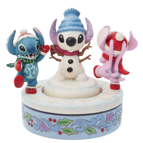Disney Traditions Snowy Shenanigans Stitch and Angel with Snowman Rotator